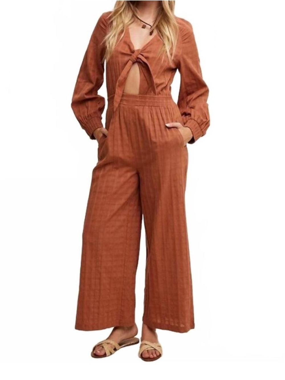 LISTICLE ali mack tie front jumpsuit in brown NWT - Large